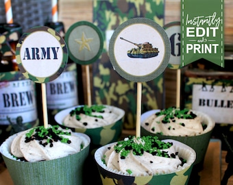 Army Men Party Circles/Cupcake Toppers - INSTANT DOWNLOAD - Editable & Printable Birthday Decorations, Decor, Camo, Tank, Soldiers, Food
