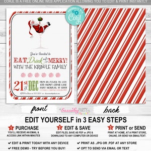 Christmas Party Invitation, Santa Claus, Cocktails, Cocktail, Eat Drink be Merry, Martini Glass, Instant Download, Print Yourself, Printable, Xmas, Edit Text, Editable