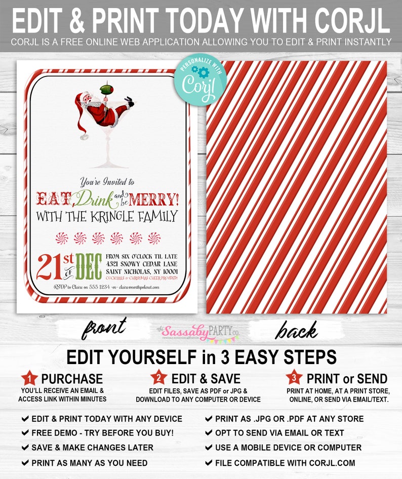 Christmas Party Invitation, Santa Claus, Cocktails, Cocktail, Eat Drink be Merry, Martini Glass, Instant Download, Print Yourself, Printable, Xmas, Edit Text, Editable