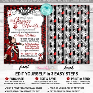 Alice in Wonderland, Red Queen of Hearts, Invitation, Invite, Tea Party, Edit Text, Editable, Printable Birthday Party Decorations, Print Yourself, Instant Download, Decor, Decoration, Print At Home, Digital Files