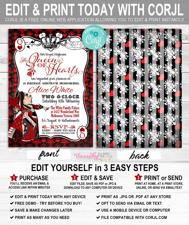 Alice in Wonderland, Red Queen of Hearts, Invitation, Invite, Tea Party, Edit Text, Editable, Printable Birthday Party Decorations, Print Yourself, Instant Download, Decor, Decoration, Print At Home, Digital Files