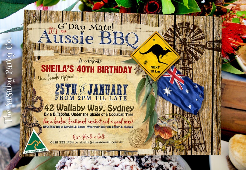 Australian BBQ Party Invitation, Birthday Invite, Edit Text, Editable, Koala, Kangaroo, Australia Bday, Aussie Party, True Blue, Outback, BBQ, Instant Download, Printable, Print Yourself,