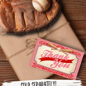 May include: A pink and red thank you tag with a baseball and bats design. The tag is tied with twine to a brown paper package with a brown leather baseball glove and a white baseball.