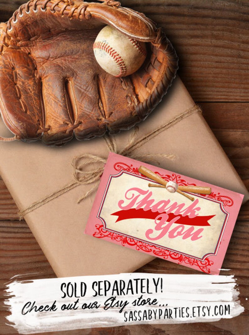 May include: A pink and red thank you tag with a baseball and bats design. The tag is tied with twine to a brown paper package with a brown leather baseball glove and a white baseball.