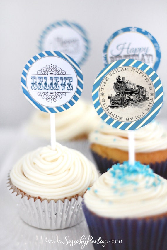 Polar Express Birthday Christmas Party Circles Favor Tags Blue - INSTANT DOWNLOAD - Editable & Printable Cupcake Topper Decorations Il_570xn