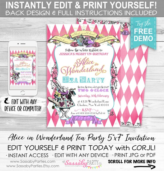 Alice in Wonderland Tea Party Invitation - INSTANT DOWNLOAD - Edit & Print Yourself, Birthday Party, Baby Shower, Pink Invite, White Rabbit Il_570xn
