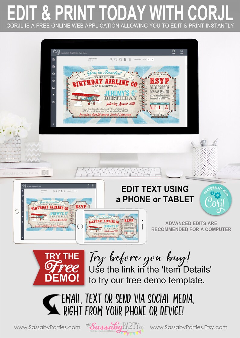 Airplane Birthday Party Invitation, Invite, Edit Text, Editable, Printable, Print Yourself, Instant Download, Plane, Aeroplane, Airline, Birthday, Baby Shower, Decor, Decorations