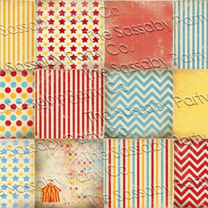 Circus Carnival Digital Paper, Red, Aqua, Chevron, Big Top, Stars, Polka dots, Stripes, Patterns, Scrapbooking, Card Making, Birthday Party, Decor, Decorations, Come One Come All, Circus, Instant Download, Printable, Print Yourself,