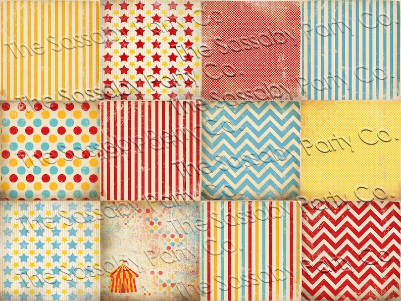 Circus Carnival Digital Paper, Red, Aqua, Chevron, Big Top, Stars, Polka dots, Stripes, Patterns, Scrapbooking, Card Making, Birthday Party, Decor, Decorations, Come One Come All, Circus, Instant Download, Printable, Print Yourself,