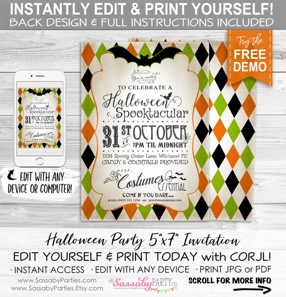 Halloween Party Invitation - INSTANT DOWNLOAD - Edit & Print today, Spooky Harlequin Invitation, Invite, Spooktacular, Bats, Costume, Green Il_570xn