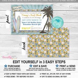 Surfer Dude Invitation, Any Age, Surf Party, Summer, Sunshine, Palm Trees, Surfing, Boards, Hawaii, Instant Download, Printable Birthday, Swimming, Hawaiian Luau, Surf Shack, Print Yourself