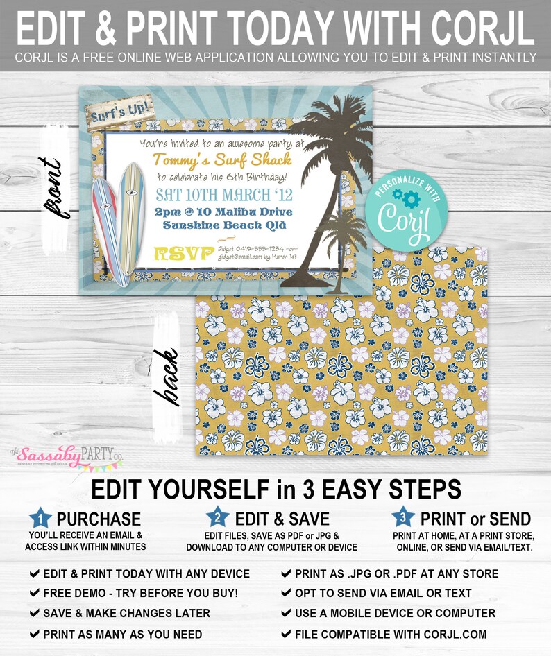 Surfer Dude Invitation, Any Age, Surf Party, Summer, Sunshine, Palm Trees, Surfing, Boards, Hawaii, Instant Download, Printable Birthday, Swimming, Hawaiian Luau, Surf Shack, Print Yourself