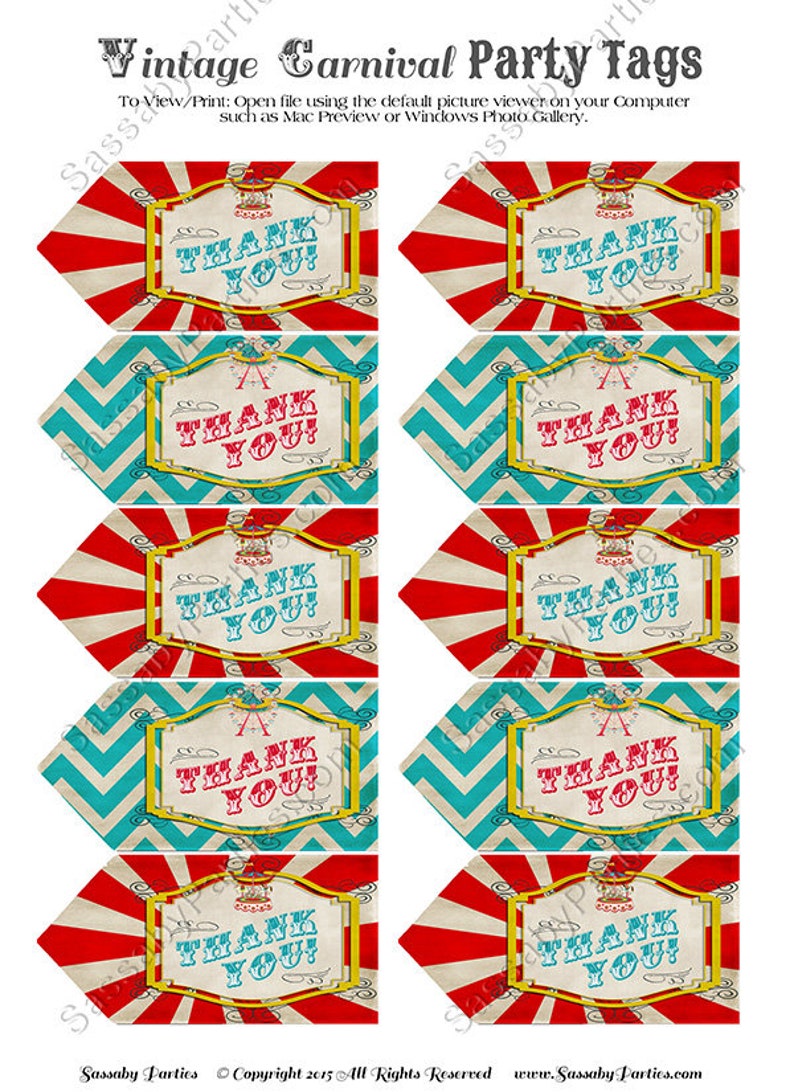 Carnival Circus Party Thank You Tags, Birthday Party Decor, Gift Bags, Favor Tag, Carousel, Ferris Wheel, Decorations, Red Aqua Blue, Instant Download, Printable, Print Yourself, Come One Come All