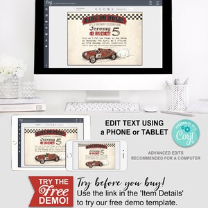 Vintage Race Car Invitation, Invite, Any Age, Race on Over, Instant Download, Printable, Print Yourself, Editable, Old Car, Racing, Edit Text, red, Checkered Flag