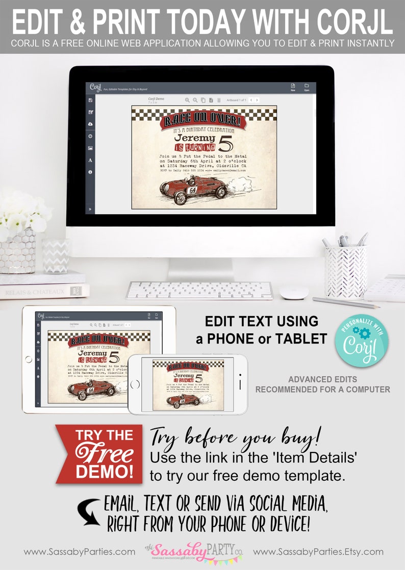 Vintage Race Car Invitation, Invite, Any Age, Race on Over, Instant Download, Printable, Print Yourself, Editable, Old Car, Racing, Edit Text, red, Checkered Flag