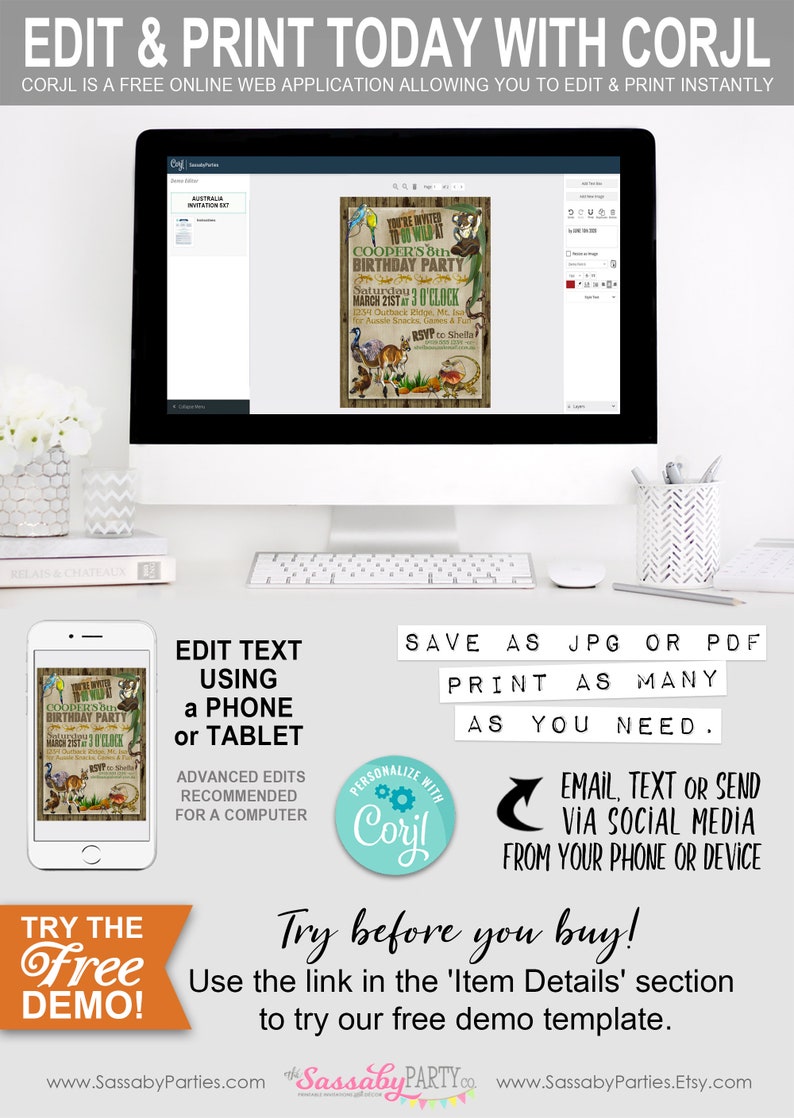 Australian Animals Invitation, Birthday Invite, Australia Party, Any Age Bday, Go Wild, Koala, Kangaroo, Aussie, True Blue, Outback, BBQ, Edit Text, Editable, Instant Download, Printable, Print Yourself,