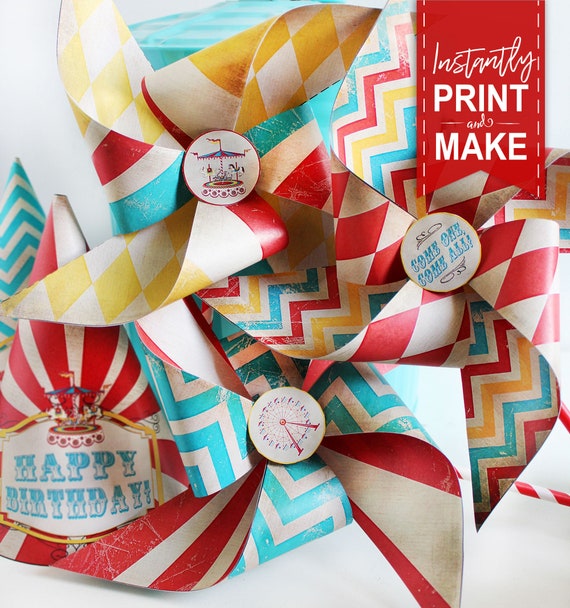 Carnival Pinwheels Templates Instant Download Printable Party Decor Template Favor Decorations Circus Pinwheel Paper Craft Vintage By Sassaby Parties Catch My Party