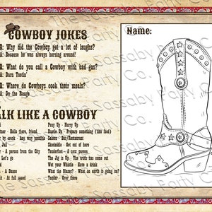 Cowboy, Activity Sheets, Game, Coloring, Jokes, Slang, Lone Star, Ranger, Texas, Wild West, Birthday Party Decor, Decorations, Placemat, Instant Download, Printable, Print Yourself At Home,