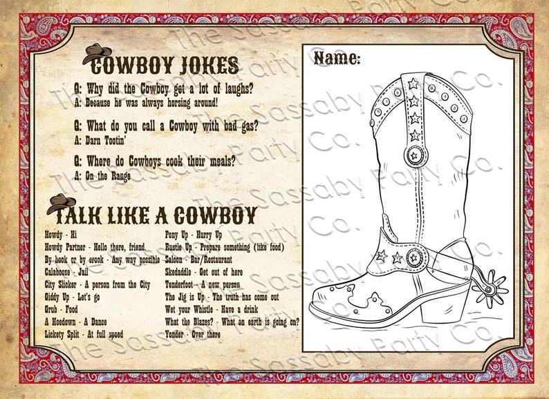 Cowboy, Activity Sheets, Game, Coloring, Jokes, Slang, Lone Star, Ranger, Texas, Wild West, Birthday Party Decor, Decorations, Placemat, Instant Download, Printable, Print Yourself At Home,