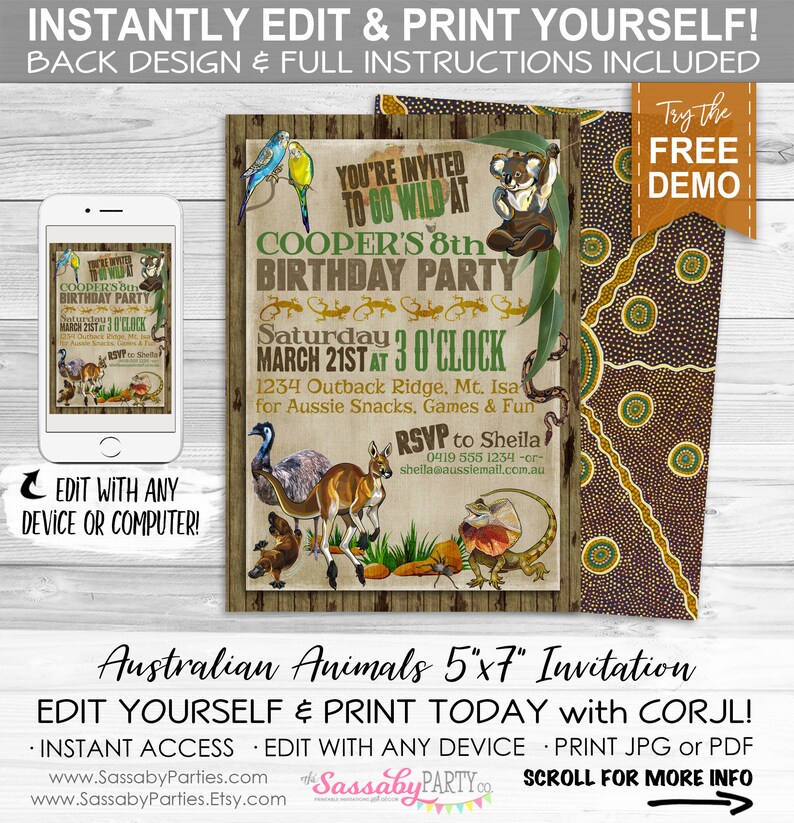 Australian Animals Invitation, Birthday Invite, Australia Party, Any Age Bday, Go Wild, Koala, Kangaroo, Aussie, True Blue, Outback, BBQ, Edit Text, Editable, Instant Download, Printable, Print Yourself,