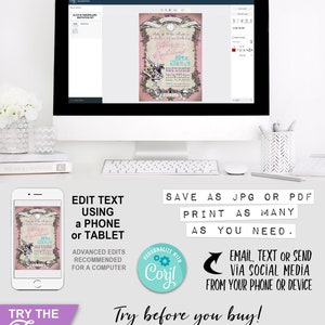 Alice in Wonderland Onederland Invitation, Pastel Pink Invite, First Birthday, 1st Bday, One, Edit Text, White Rabbit, Tea Party, Dont Be Late, Editable, Instant Download, Printable Birthday, Print Yourself