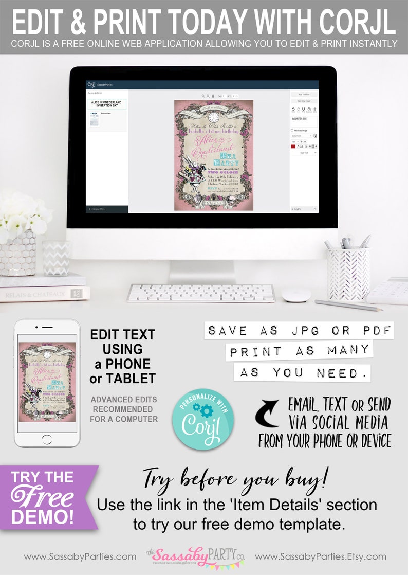 Alice in Wonderland Onederland Invitation, Pastel Pink Invite, First Birthday, 1st Bday, One, Edit Text, White Rabbit, Tea Party, Dont Be Late, Editable, Instant Download, Printable Birthday, Print Yourself