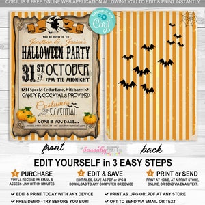 Halloween Party Invitation, Invite - INSTANT DOWNLOAD - Editable & Printable Pumpkin, Witch, Costume Party, Come if you Dare, Bats, Edit Yourself, Edit Text, Birthday, Candy, Cocktails