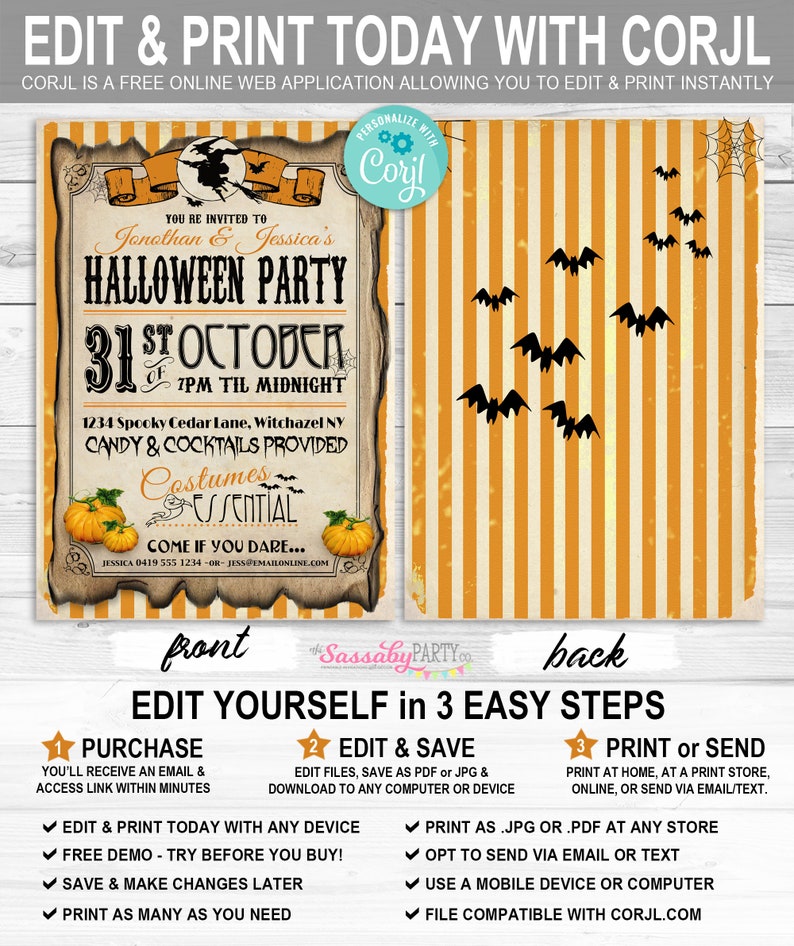 Halloween Party Invitation, Invite - INSTANT DOWNLOAD - Editable & Printable Pumpkin, Witch, Costume Party, Come if you Dare, Bats, Edit Yourself, Edit Text, Birthday, Candy, Cocktails