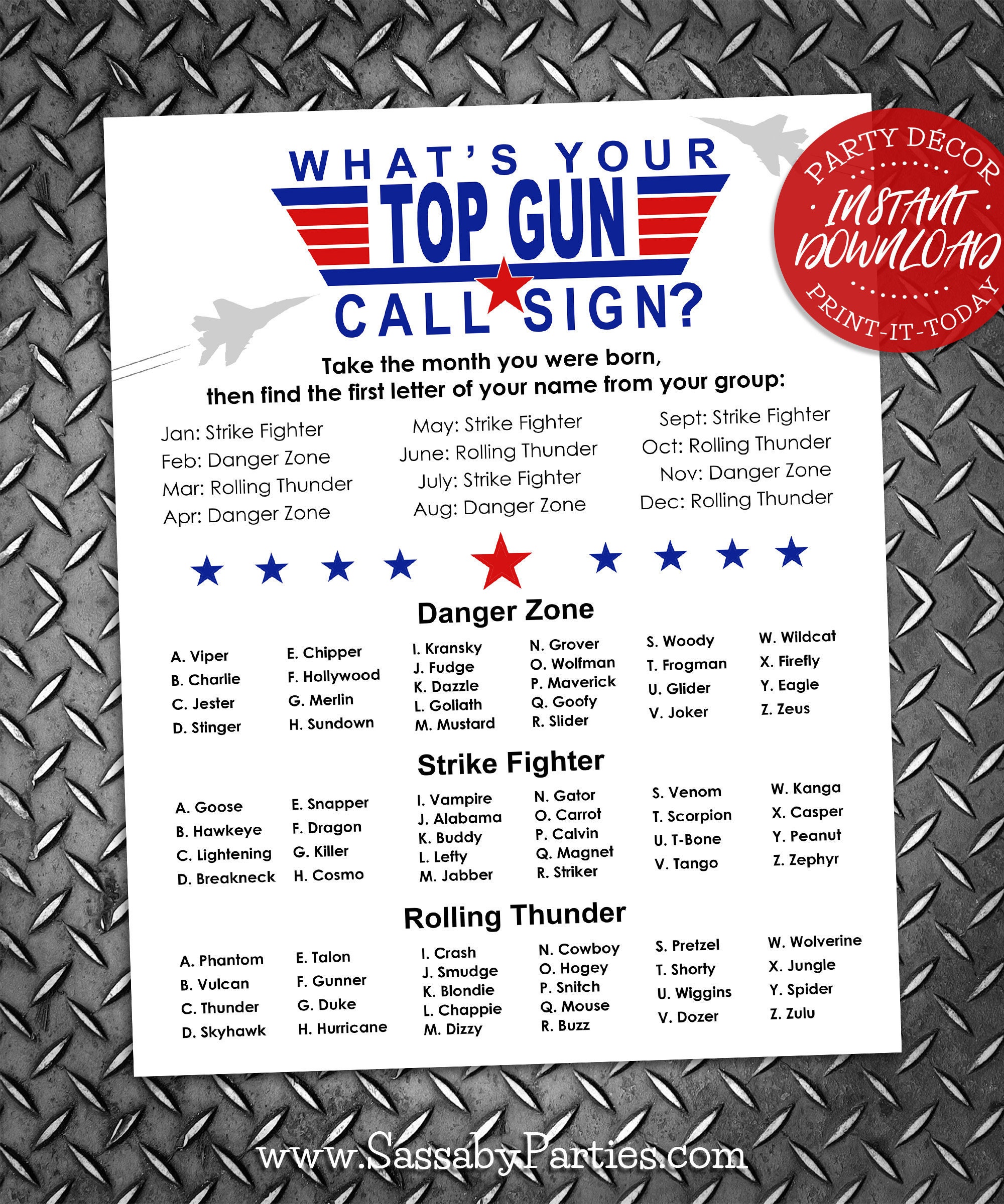 Top Gun Pilot Call Sign Poster INSTANT DOWNLOAD Party Etsy