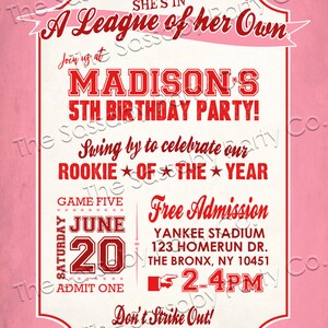 Girls Baseball Rockford Peaches, Birthday Invitation, Any Age, Ticket, Invite, Edit Text, Editable, Pink, Red, League of Her Own, All-Star, Party Printable, Print Yourself, Take Me Out to the Ballgame