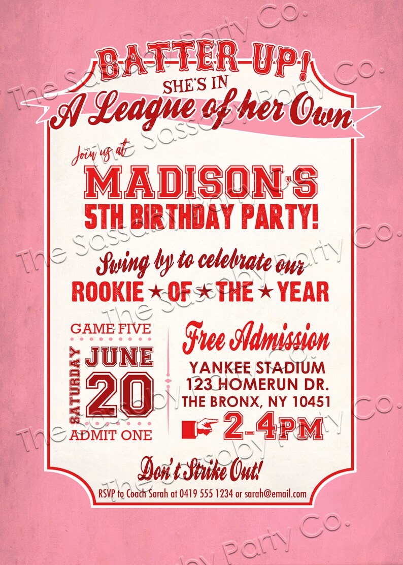 Girls Baseball Rockford Peaches, Birthday Invitation, Any Age, Ticket, Invite, Edit Text, Editable, Pink, Red, League of Her Own, All-Star, Party Printable, Print Yourself, Take Me Out to the Ballgame
