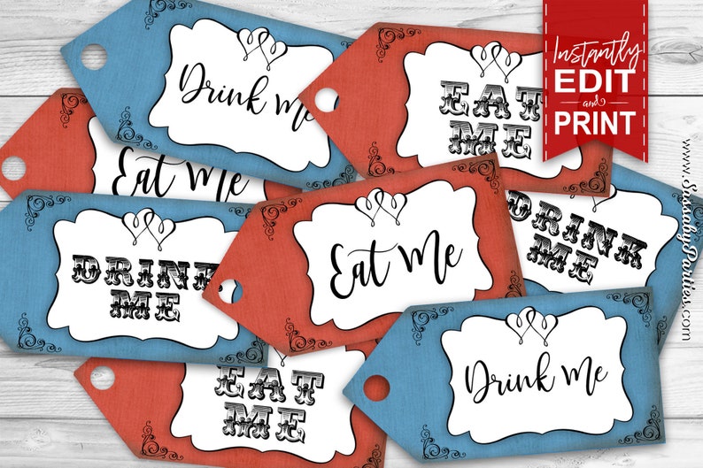 Alice in Wonderland Party Tags, Eat Me, Drink Me, Tea Party Decor, Decorations, Edit Text, Editable, Printable, Print Yourself, Instant Download, Digital Files, Baby Shower, Birthday, Red, Blue, Any Occasion