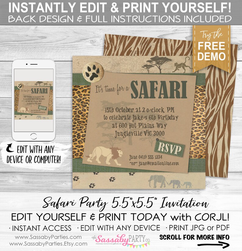 Safari Party Invitation, Jungle Invite, Lion, Elephants, Monkeys, Wild Animal Print, Brown Paper, Any Age, Birthday Party, Instant Download, Printable, Print Yourself, Editable, Edit Text,