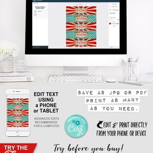 Carnvial Water Bottle Labels, Printable Birthday Party Decorations, Edit Print Yourself, Editable, Circus, Carousel, Ferris Wheel, Instant Download, Sideshow Alley, Edit Using Any Device, Corjl Online Editing Software