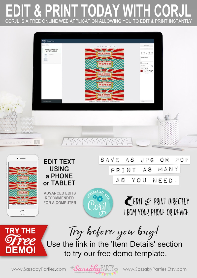 Carnvial Water Bottle Labels, Printable Birthday Party Decorations, Edit Print Yourself, Editable, Circus, Carousel, Ferris Wheel, Instant Download, Sideshow Alley, Edit Using Any Device, Corjl Online Editing Software