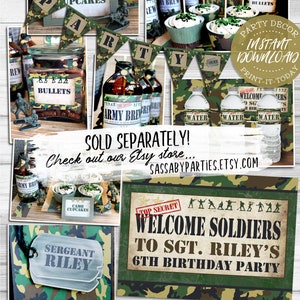 May include: A printable party pack for an army-themed birthday party. The pack includes a welcome sign, cupcake toppers, water bottle labels, and a banner that says "Party". The design features a camouflage pattern in green, brown, and tan.