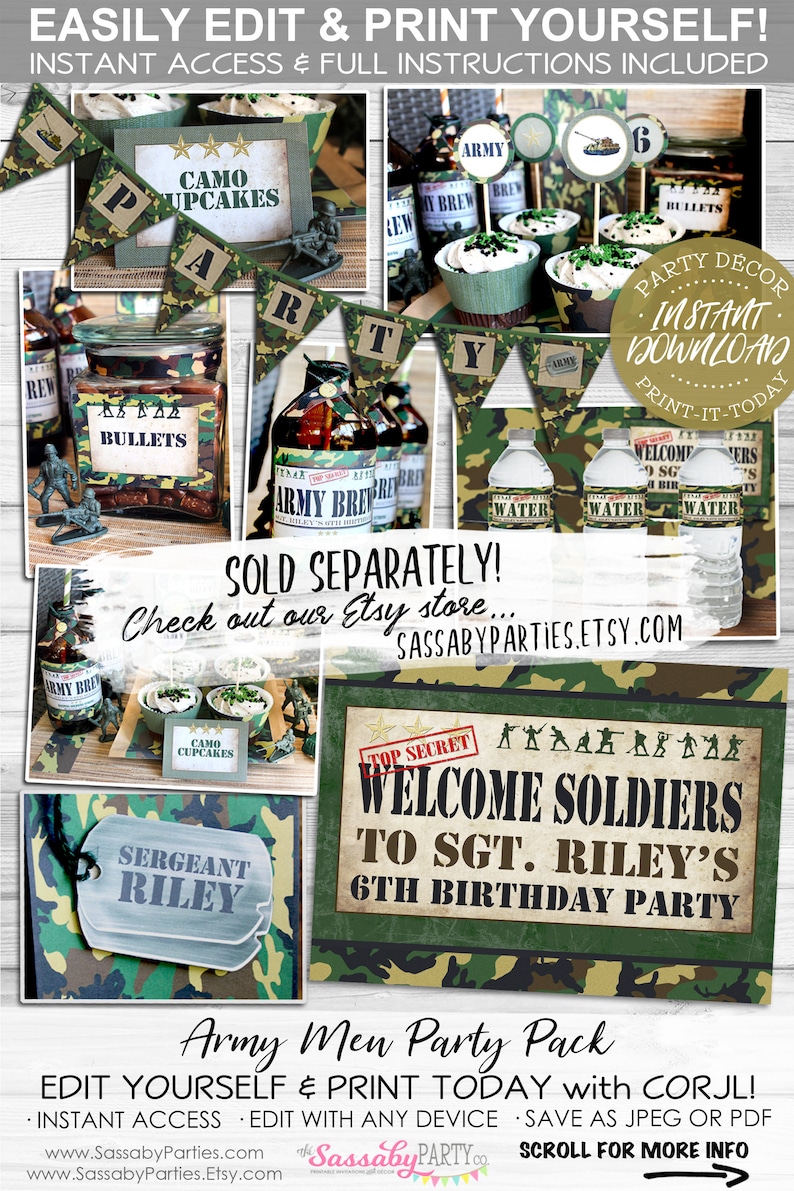 May include: A printable party pack for an army-themed birthday party. The pack includes a welcome sign, cupcake toppers, water bottle labels, and a banner that says "Party". The design features a camouflage pattern in green, brown, and tan.