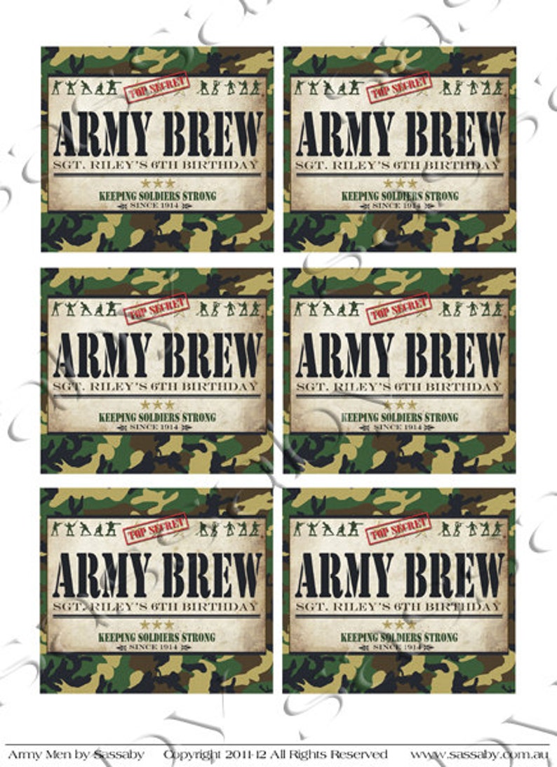 Army Drink Bottle Labels, Soda, Brew, Soldiers, Green Men, Camouflage, Instant Download, Birthday, Party Decor, Decorations, Edit Text, Editable, Print Yourself, Printable, Commando, Military