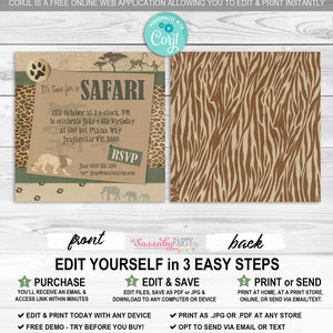Safari Party Invitation, Jungle Invite, Lion, Elephants, Monkeys, Wild Animal Print, Brown Paper, Any Age, Birthday Party, Instant Download, Printable, Print Yourself, Editable, Edit Text,