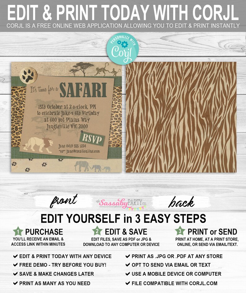 Safari Party Invitation, Jungle Invite, Lion, Elephants, Monkeys, Wild Animal Print, Brown Paper, Any Age, Birthday Party, Instant Download, Printable, Print Yourself, Editable, Edit Text,