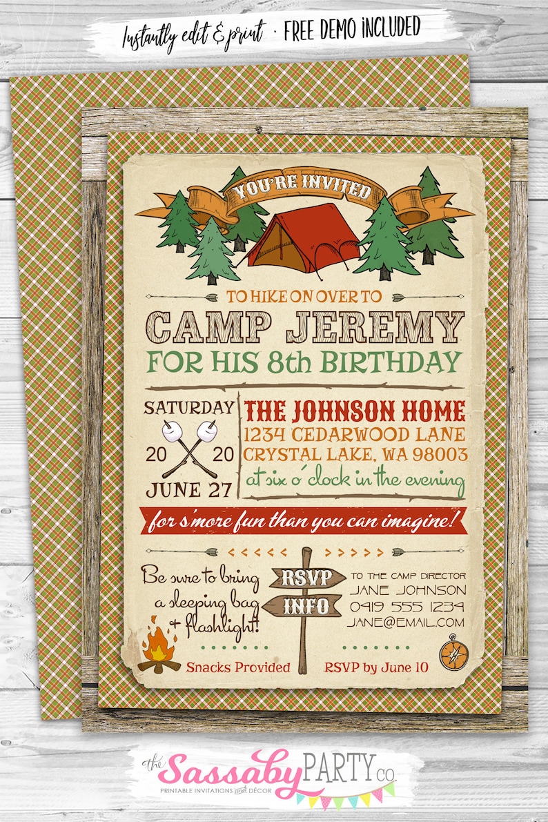 Camping Party Invitation, Any Age, Tent, Scouts, Summer Camp, S'mores, Arrows, Campfire, Compass, Woods, Instant Download, Printable Birthday, Print Yourself