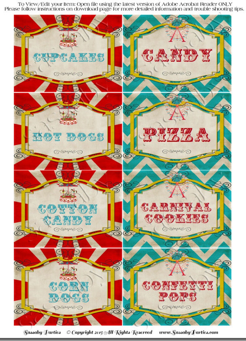 Carnival Circus Party Labels, Food, Candy, Tent Label, Birthday Party Decor, Carousel, Ferris Wheel, Decorations, Edit Yourself, Editable, Stripes, Instant Download, Printable, Print Yourself, Come One Come All