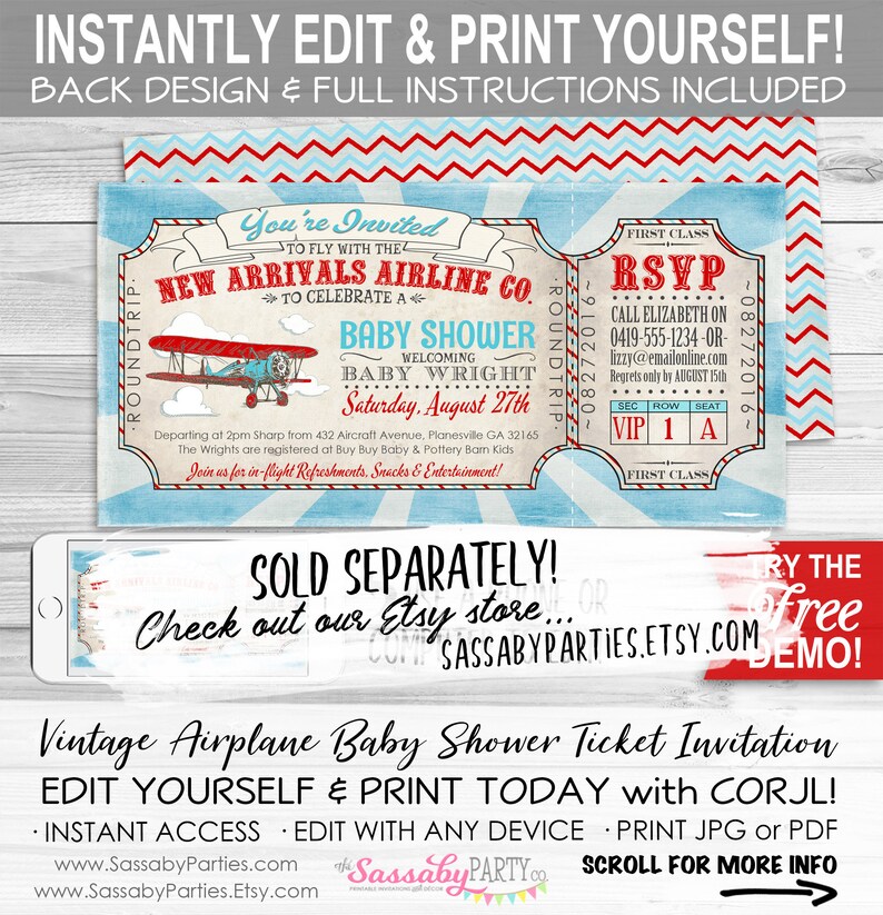 Vintage Airplane Birthday Ticket Invitation - INSTANT DOWNLOAD - Partially Editable & Printable Aeroplane, Airline, Boys Party Invite image 5