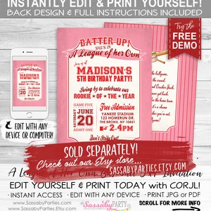 May include: Pink baseball-themed birthday party invitation with the text "Batter Up! She's in A League of her Own." Includes a smartphone mockup and a sample invitation. Features the text "Madison's 5th Birthday Party!"