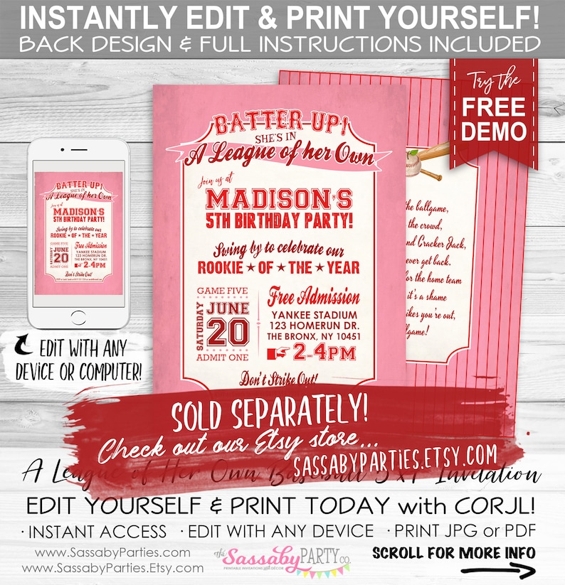 May include: Pink baseball-themed birthday party invitation with the text "Batter Up! She's in A League of her Own." Includes a smartphone mockup and a sample invitation. Features the text "Madison's 5th Birthday Party!"