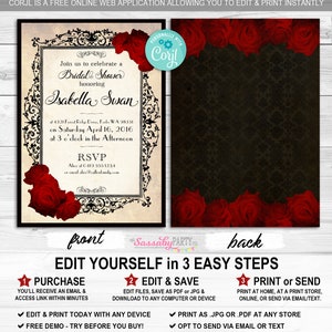 Twilight Lace Roses Invitation, Bridal Shower, Birthday Party, Vampire, Instant Download, Print Yourself, Printable at Home, Edit Text, Editable, Back Design Included Red Roses Black Lace