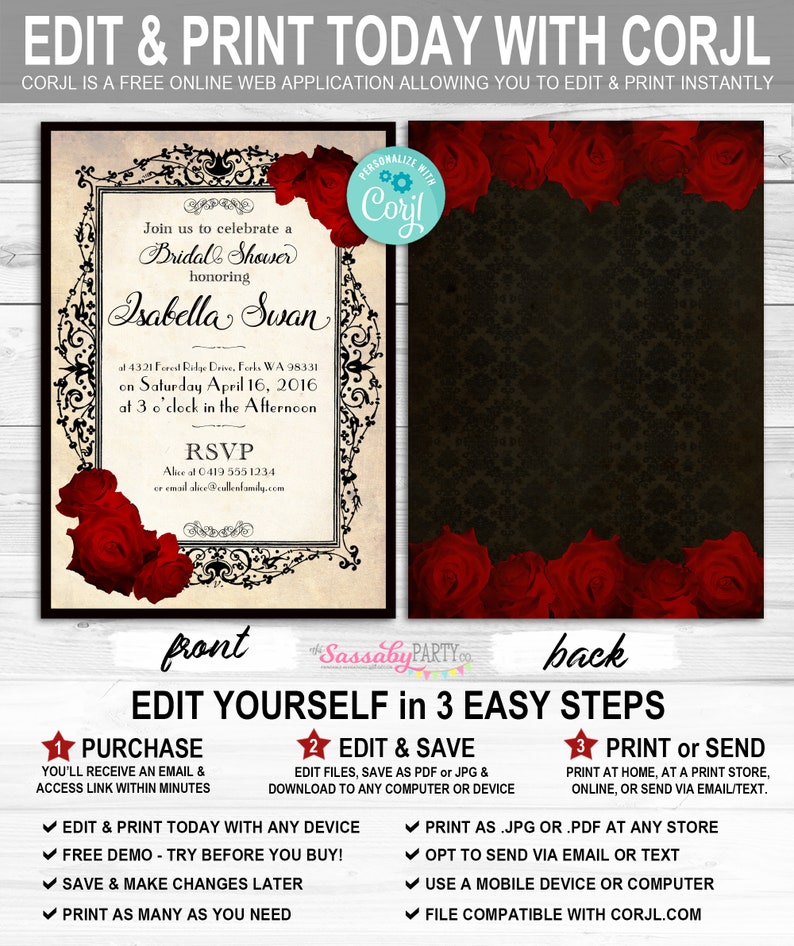 Twilight Lace Roses Invitation, Bridal Shower, Birthday Party, Vampire, Instant Download, Print Yourself, Printable at Home, Edit Text, Editable, Back Design Included Red Roses Black Lace