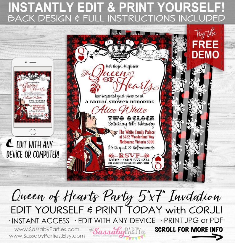 Alice in Wonderland, Red Queen of Hearts, Invitation, Invite, Tea Party, Edit Text, Editable, Printable Birthday Party Decorations, Print Yourself, Instant Download, Decor, Decoration, Print At Home, Digital Files