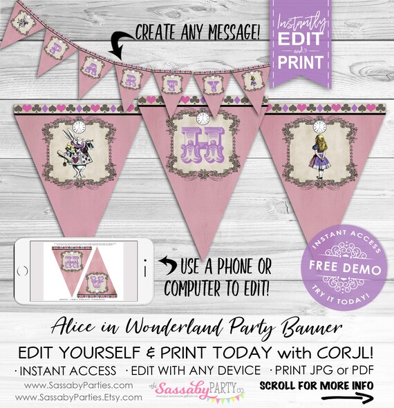 Alice in Wonderland Party Banner Pink Pastel - INSTANT DOWNLOAD - Editable & Printable Birthday Decoration, Decor, Bunting, White Rabbit Il_570xn