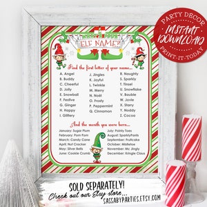 Puede incluir: Generador de nombres de elfos de Navidad imprimible con un fondo a rayas rojas, verdes y blancas. El imprimible presenta una lista de nombres y una letra del alfabeto correspondiente. El imprimible tambi&eacute;n incluye una lista de meses y un dulce navide&ntilde;o correspondiente.